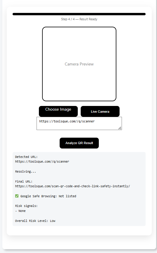 tools que safe qr scanner that scan on lapto , resolve redirects, and check safety level of url 
