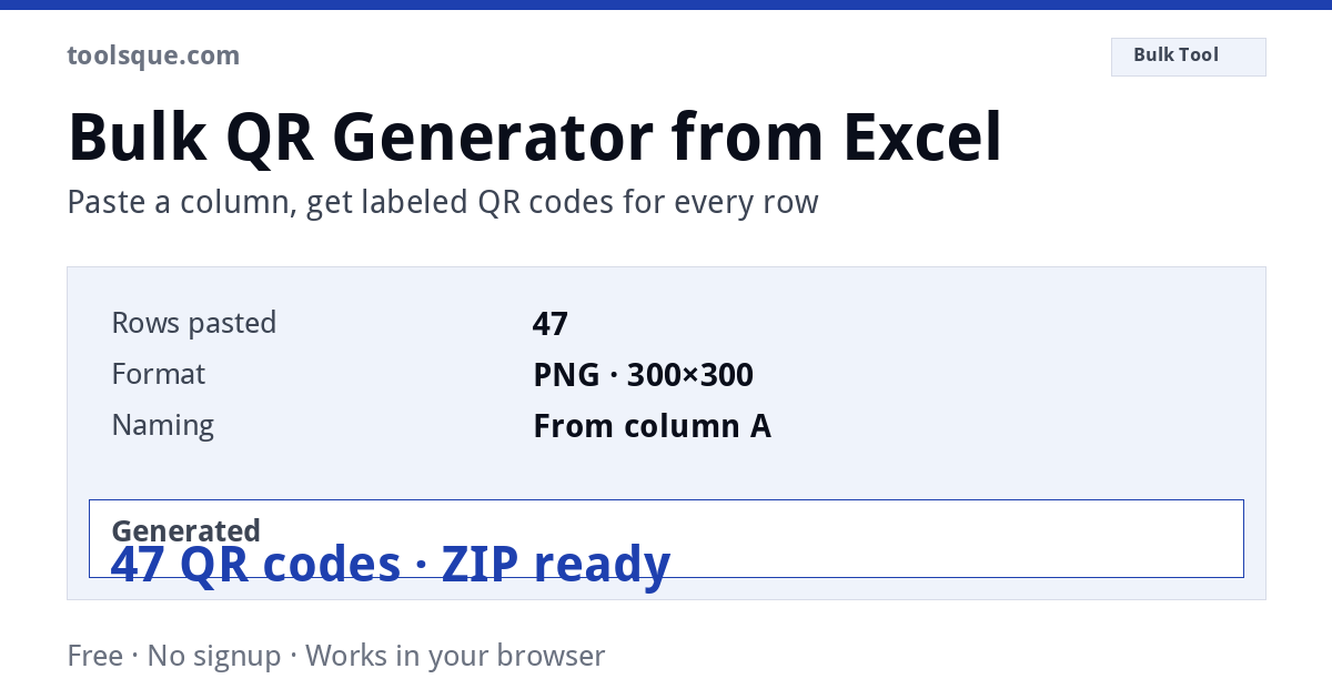 QR Code Generator from Excel List (Bulk, Free) – interactive tool from Toolsque
