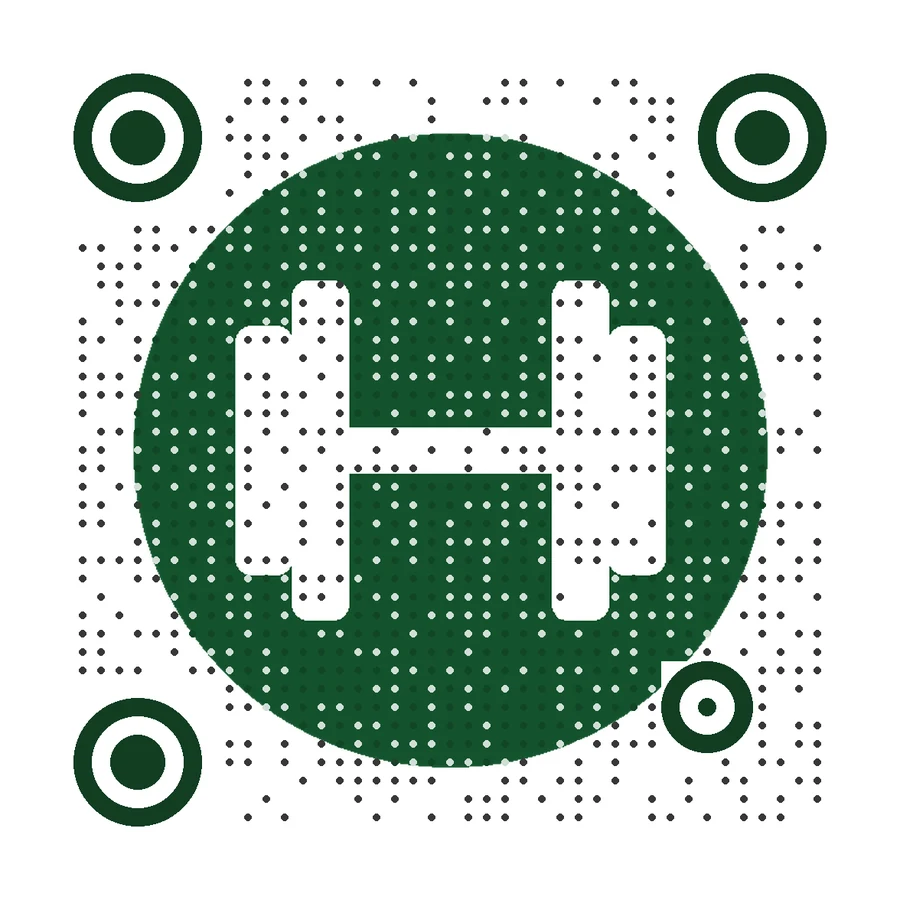 Artistic QR code with a dumbbell logo for a gym