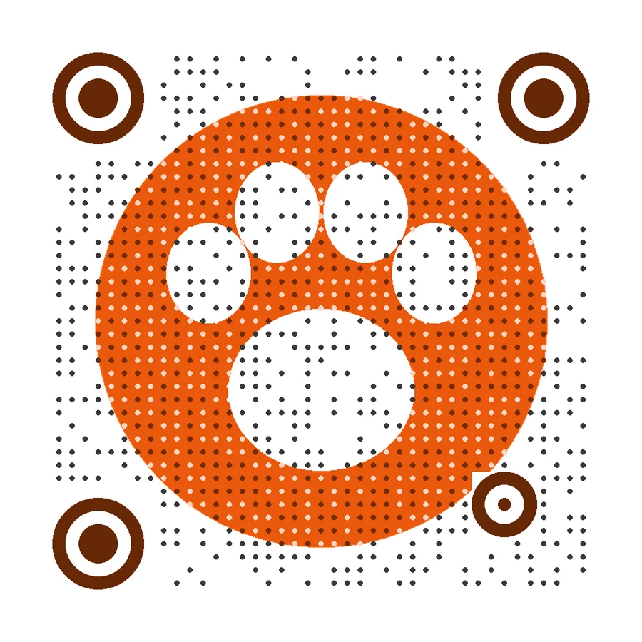 Artistic QR code with an orange paw print logo for a pet shop