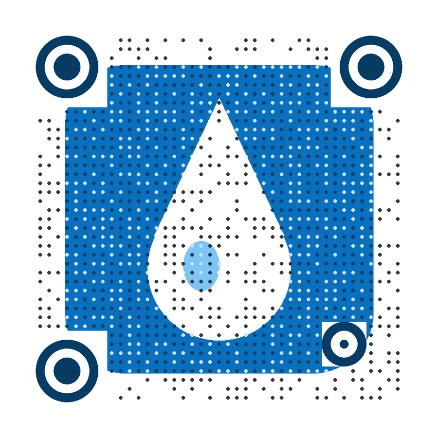 Artistic QR code with a blue water drop logo for a plumber