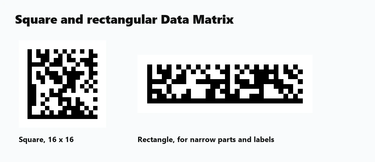 A square Data Matrix code next to a rectangular Data Matrix code