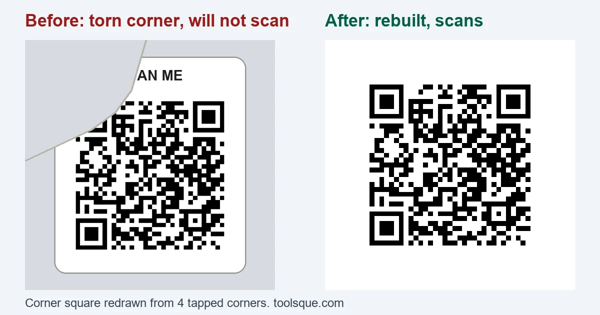 Damaged QR code with a torn corner next to the rebuilt QR code that scans