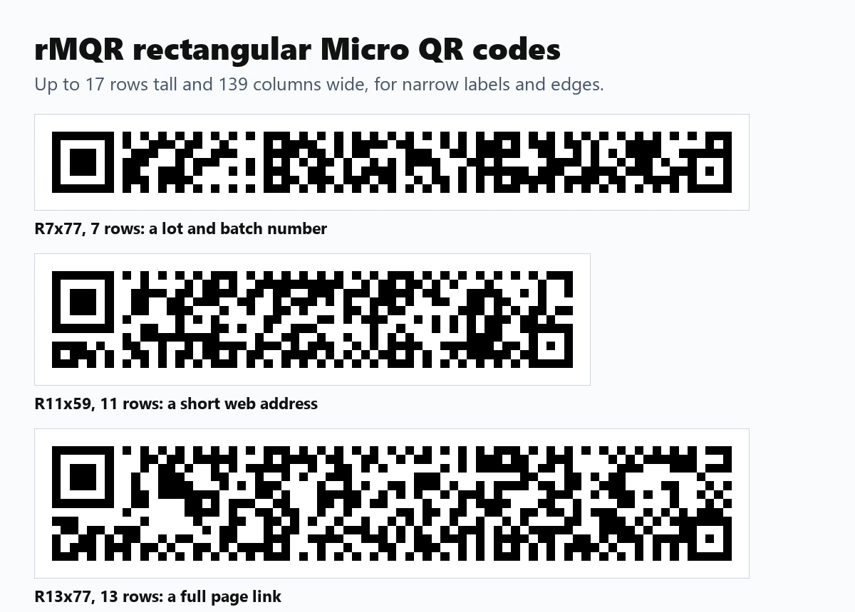 Three rectangular rMQR codes at 7, 11 and 13 rows tall