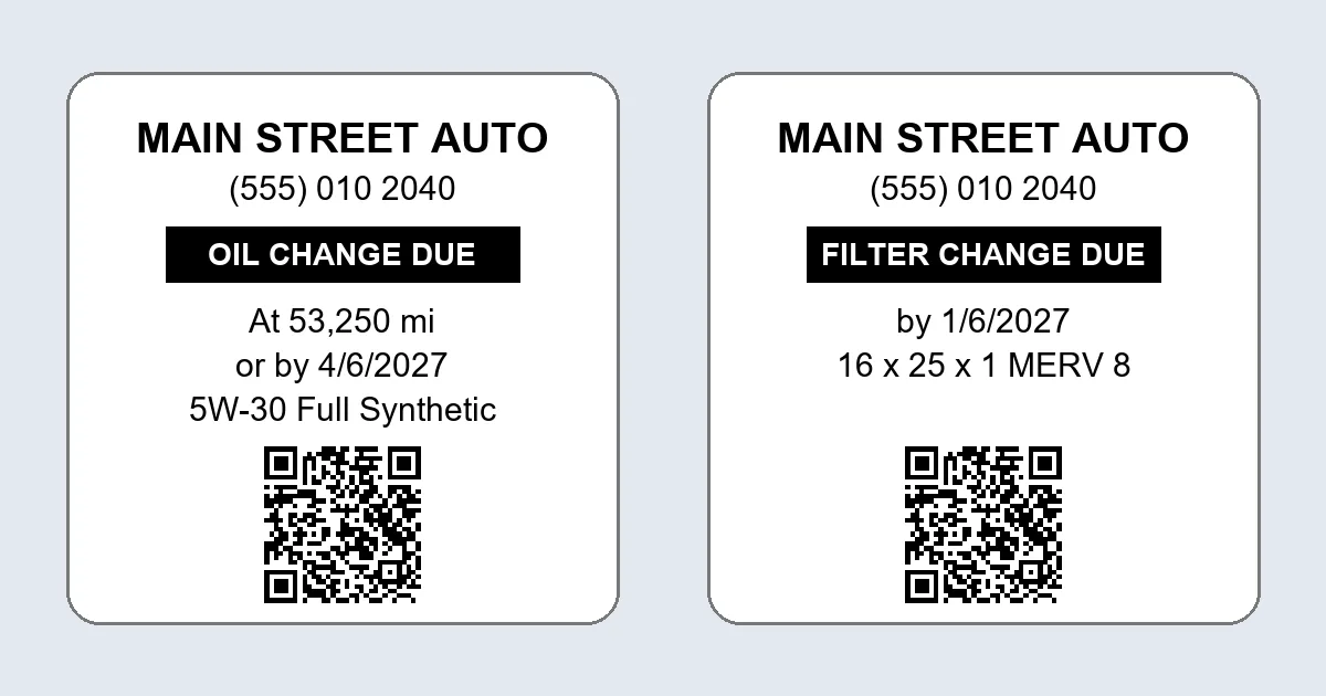 Printable oil change and HVAC filter service reminder stickers with QR code
