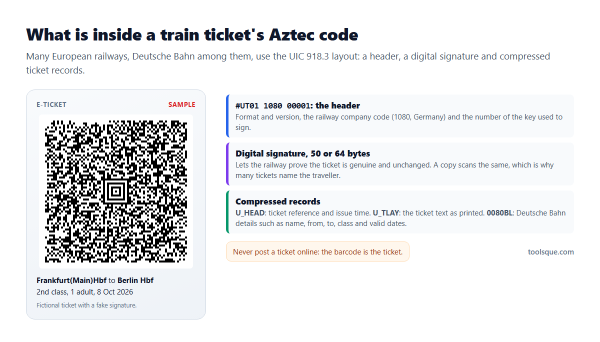 The parts of a train ticket Aztec code in the UIC 918.3 format: header, digital signature and compressed records