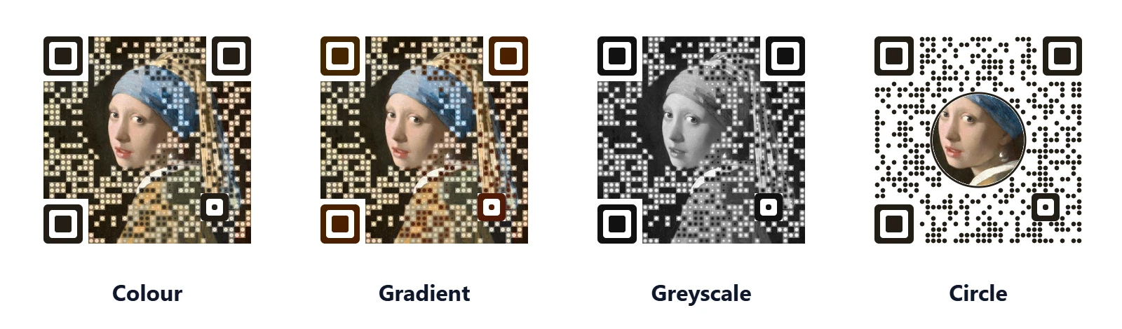 Four QR code art looks from one portrait: colour, gradient, greyscale and circle