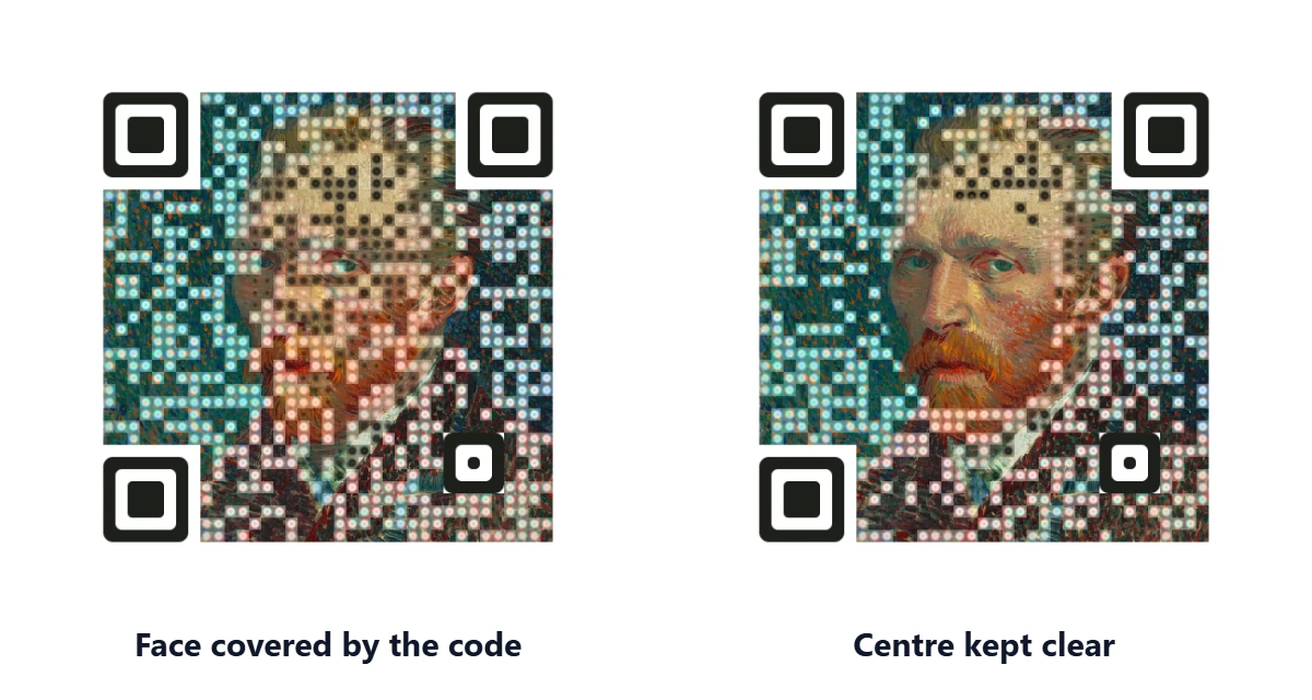 Portrait QR code with the face covered compared with the centre kept clear
